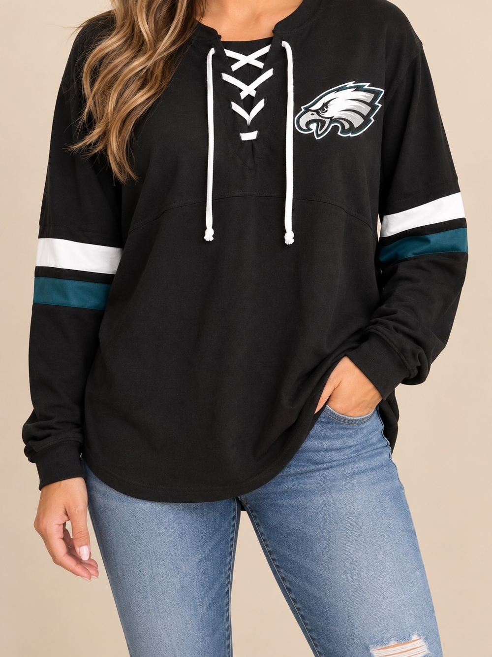 Philadelphia Eagles Fanatics Lace-Up Jersey Long Sleeve Black Sz XL Game Day NFL